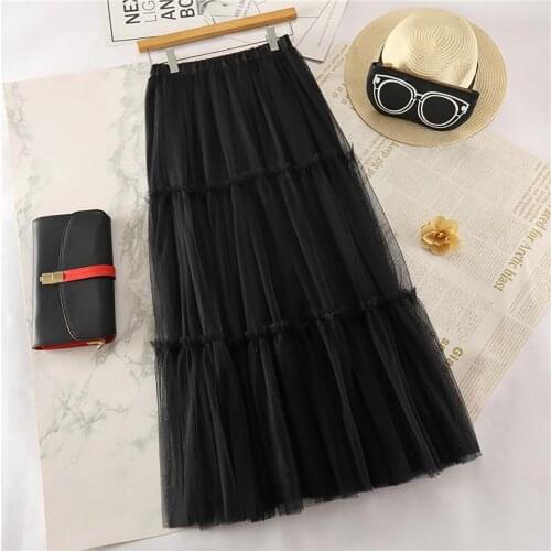 2021 Spring Summer Women Boho Long Skirt High Waist Ruffles Solid Beach Skirts Pink Jupe Femme Tulle Skirt Saia Midi Faldas 0107