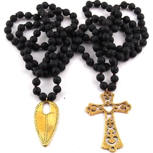 Free Shipping Fashion Black Lava Stones Bead Knotted Metal Cross Pendant Necklaces