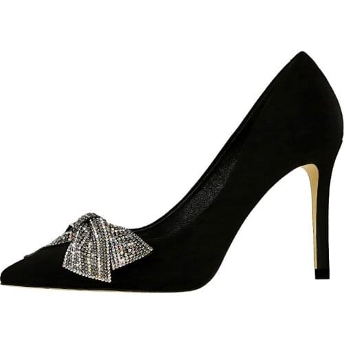 Europe and the United States fashion sexy show thin large size high heel suede shallow mouth point drill bow single shoes 825-10