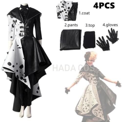 Halloween 2021 Cruella Costume Cosplay Evil Queen Black White Coat Evening Party Dress Fashion Emma Magic Performance Oufit New