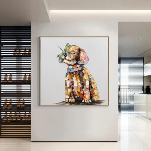 Oil Paintings on Canvas Hand Painted Lovely Dog and Butterfly oil painting Wall Art Canvas Picture for Living Room Home Decor