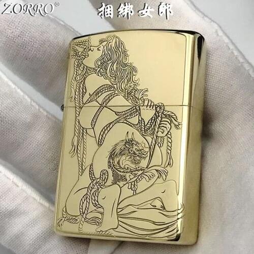 Zorro Kerosene Lighter Pure Copper Brass Carving Classic Binding Girl Pattern Gasoline Lighter Men Gift Outside Tool