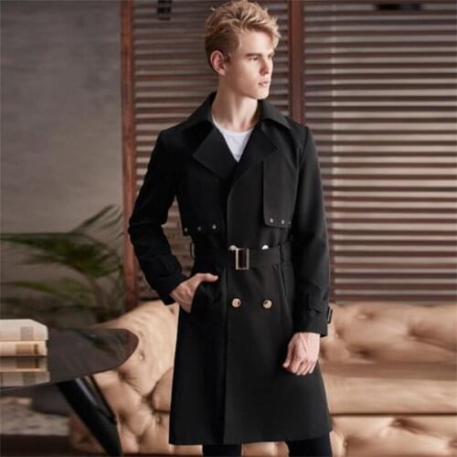 Knee-length trench coat mens jaqueta masculina тренч chaquetas hombre autumn and winter new style belted big lapel solid color