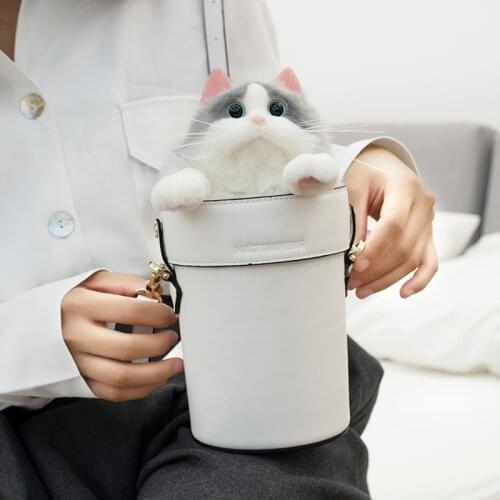 Creative Cute Simulation Cat Crossbody Bag For Women Shoulder Bag Brand Designer Women Bags Handmade Leather Bucket Bag Handbag