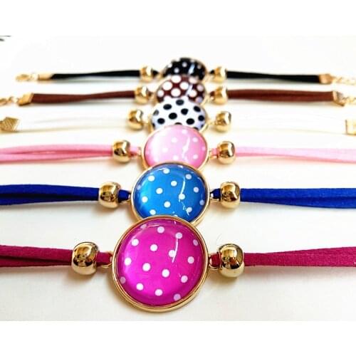 Jiangzimei 24pcs/lot dot lattice photo round dome glass cabochon bracelets pink rose blue black Gold-plated charm bracelet
