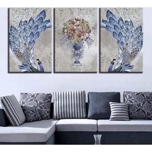 Canvas Paintings Wall Art For Living Room 3 Pieces Abstract Animal Peacock Posters HD Prints Flowers Peafowl Pictures Home Decor