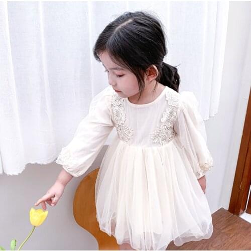 Autumn Toddler Girl Dress Korean Mesh Bead Princess Dress for Girls Long Sleeve Lace Girl Dress 1 2 3 4 5 6 Years Child Dresses
