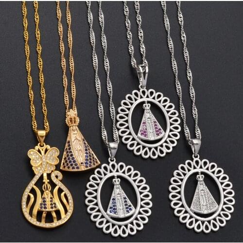 Anniyo Our Lady of Aparecida Pendant Necklaces Virgin Mary Chain Brazilian Catholics Jewelry Cross Gifts