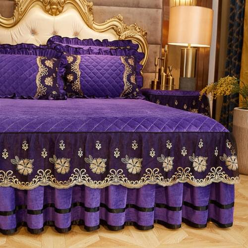 Luxury Quilted Bedding Super Soft Bedspreads Lace Bed Skirt Pillowcases Crystal Velvet Sheets for Girl King/Queen Size Bed Cover