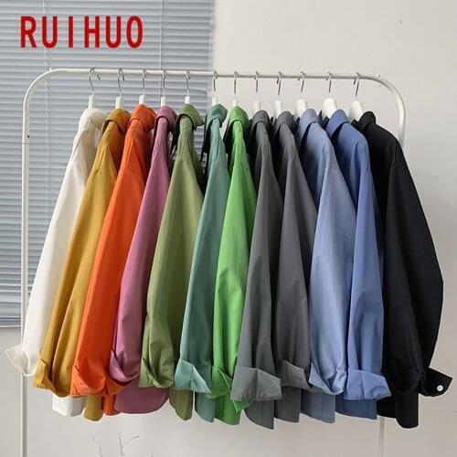 RUIHUO Solid Casual Shirts For Men Clothing Long Sleeve Shirt Mens Shirts Casual Slim Fit Japanese Fashion M-5XL 2021 New