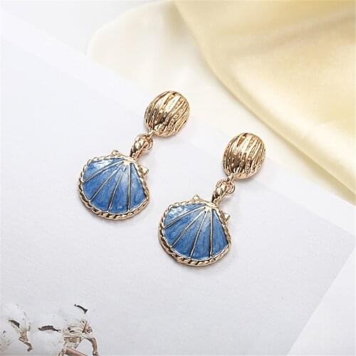 New Fashion Unique Shell Scallop Sculpture Earrings For Women Girls Blue White Metal Earrings Female Jewelry Summer Beach Gifts