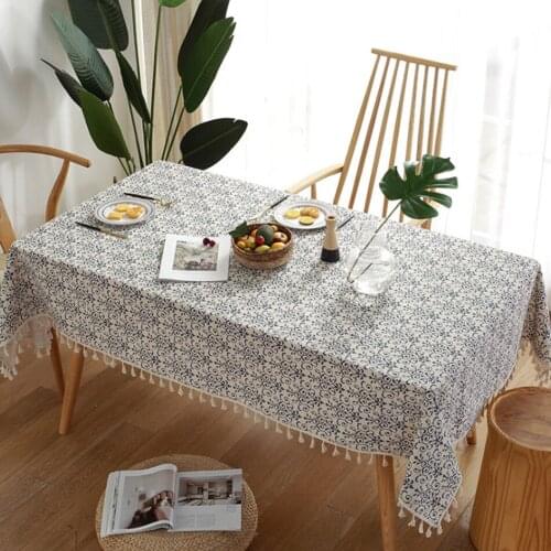 Chinese Retro Blue And White Porcelain Cotton And Linen Tassel Tablecloth Coffee Table TV Cabinet Cover Cloth Wedding Tablecloth