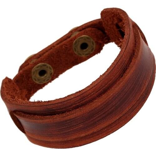 Vintage Gypsy Hippie Punk Cool Flat Piece Brown Real Leather Wrap Double Layers Button Clasp Wide Big Bracelet Bangle Unisex