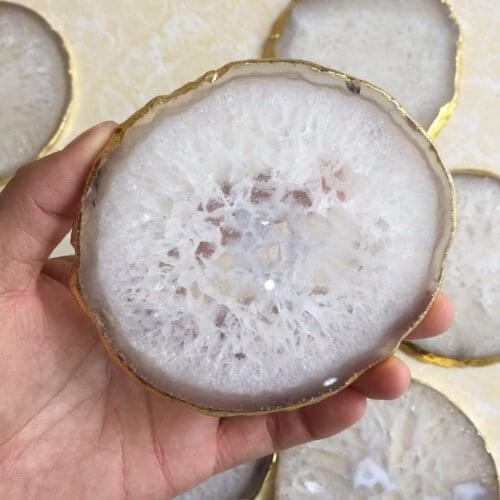 High quality natural original agate Crystal gemstone slice with golden edge meditation reiki healing crystal coaster home decor