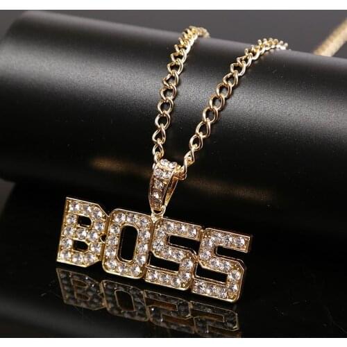 Hip Hop Jewelry Statement Rhinestone BOSS Letter Pendants Necklaces Women Men Party Fashion Long Chain Gold Necklace Gifts