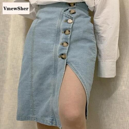 VmewSher Summer Chic Irregular Women Denim Skirt Single Breasted Split Hem Knee Length Lady Elegant High Waist Solid Jean Skirts