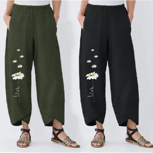 2020 new womens pants daisy flower printed elastic waist cotton and linen casual pants wide leg pants