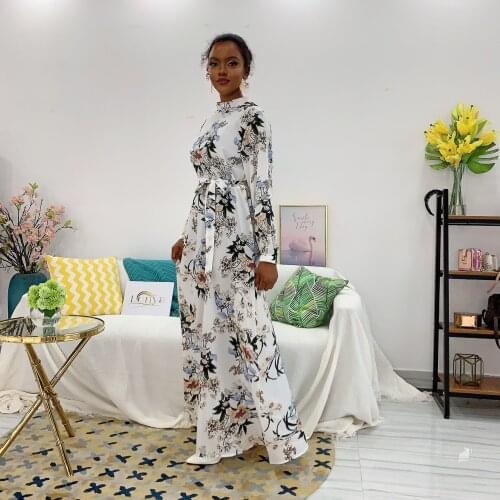 Print floral long sleeve abayas Islamic Eid casual robes syari abaya female full length cool was thin muslim robes abaya F2080