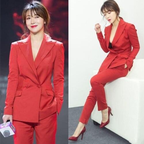 Women two piece outfits fashion double-breasted solid color suit suit female new slim temperament professional suit 2 sets