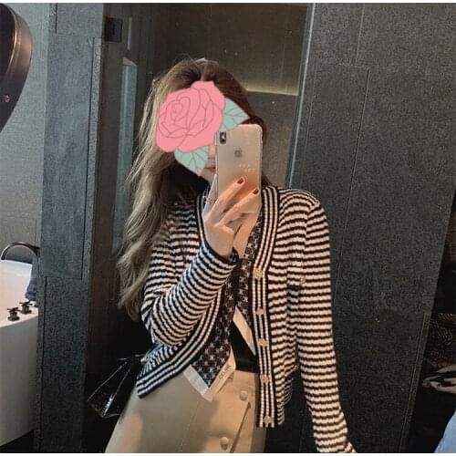 2021 Hit Color Striped Cardigans Women French Retro Autumn Elegant Long Sleeve Single Breasted Knit Sweater Outwear Casual