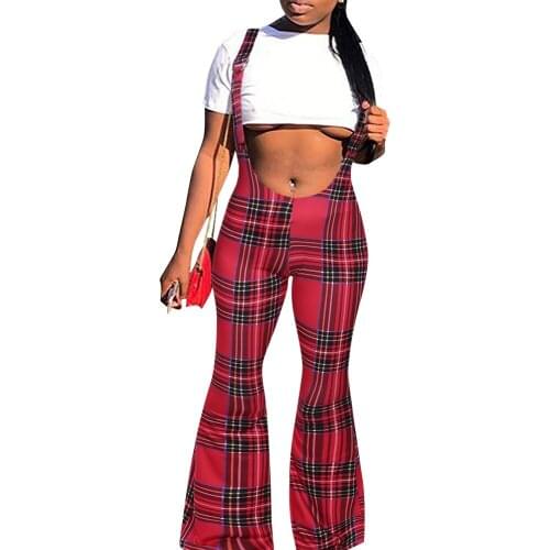Women sexy plaid jumpsuit sleeveless high waisted bell flare pants long suspender trousers romper female checkerboard playsuit
