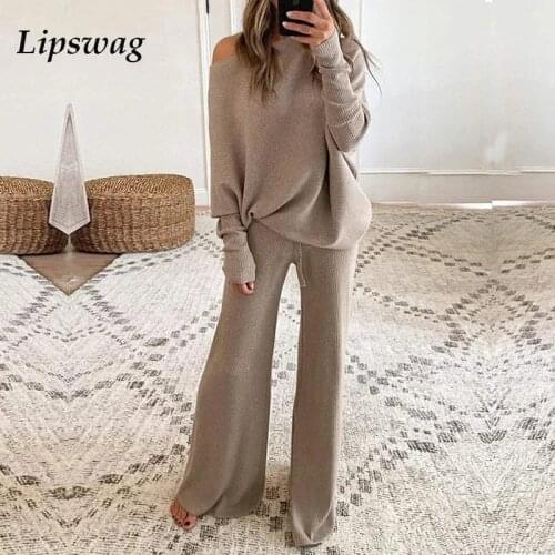 Women Elegant Solid knitted Two Piece Sets Women Winter Sexy Off Shoulder Bat Long Sleeve Pullovers Tops New Casual O-Neck Suits