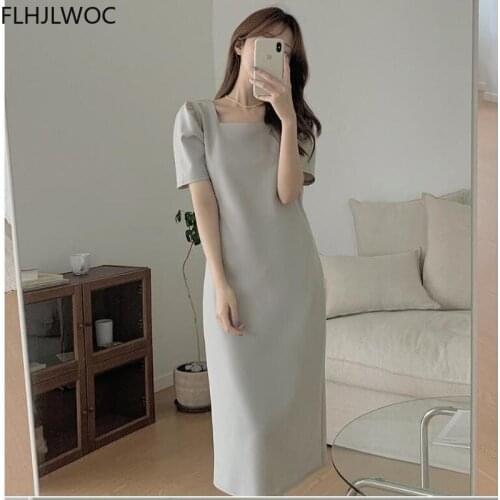 Korean Chic Summer New Style Feminine Vestidos Women Retro Gentle Wind Square Collar Solid Color Office Lady Split Long Dress