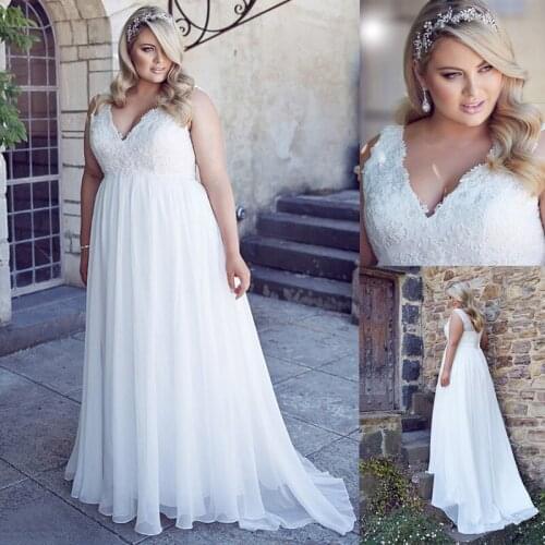 Plus Size Beach Wedding Dress Chiffon Deep V-neck Bridal Gown Lace Appliques Robe De Mariage Vestidos De Novia Custom Made