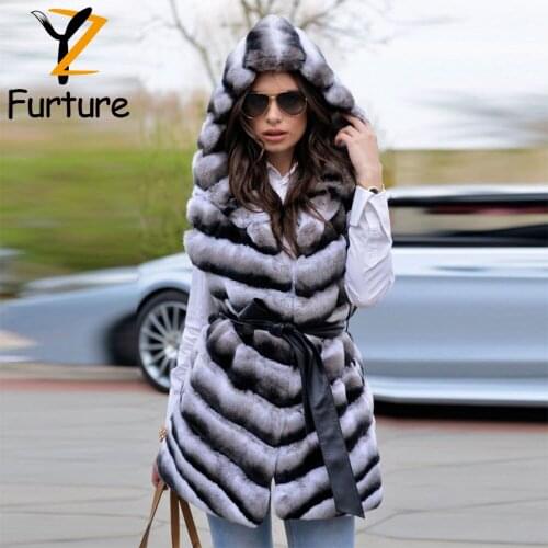 2018 Trendy Furry Vest With Hooded Real Fur From Nature Chinchilla Rex Rabbit Furs Slim Rabbit Coats For Women Winter Outerwear