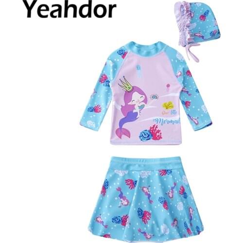 3Pcs Kids Girls Swimwear Swimming Suit Long Sleeves Mermaid Print Tops with Skirt and Hat Set Beach Bathing Rashguard Outfit