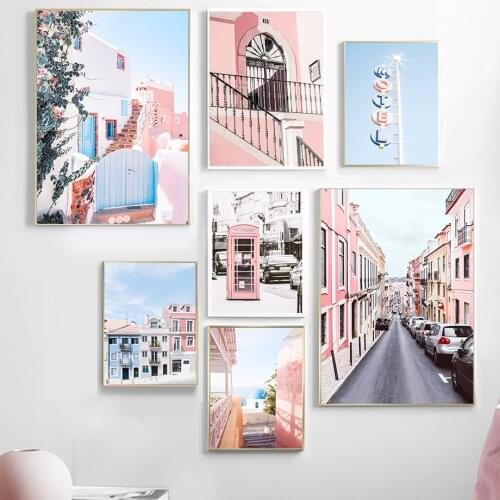 Car Ocean Pink Telephone Booth Small Town Wall Art Canvas Painting Nordic Posters And Prints Wall Pictures For Living Room Decor
