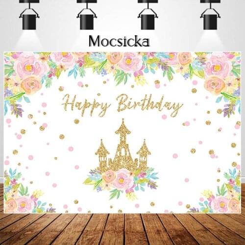 Glitter Golden Castle Princess Birthday Photography Background Pink Watercolor Flower Girl Birthday Party Decoration Backdrops