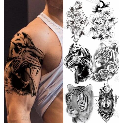 BIg Arm Black Large Tiger Temporary Tattoos For Men Women Realistic Wolf Mandala Dahlia Rose Fake Tattoo Sticker Tatoos Beast