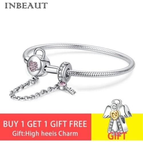 INBEAUT fit Original European Charms 925 Sterling Silver Pink Heart CZ Lock Key Safety Chain Beads Bracelet for Jewelry Making