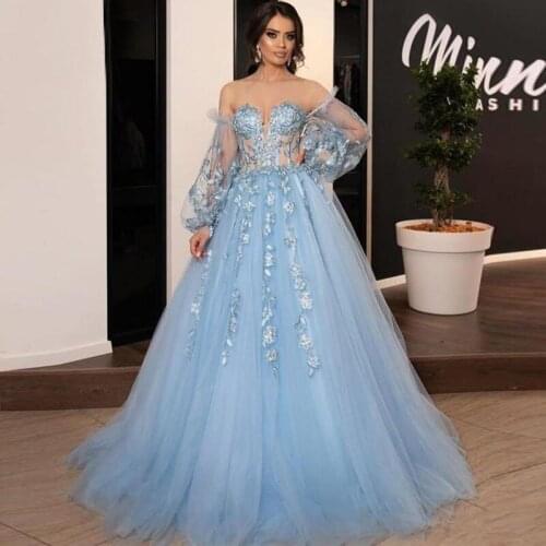 Light Blue Long Appliques Prom Dresses Off Shoulder Long Sleeve Ball Gown Formal Evening Party Gowns Robe De Soiree