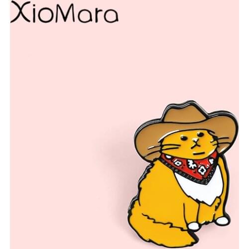 Cat Cowboy Enamel Pins Cowboy Hat Scarf Kitten Brooches Cartoon Animal Lapel Badges Wholesale Pin Jewelry Gifts Friend