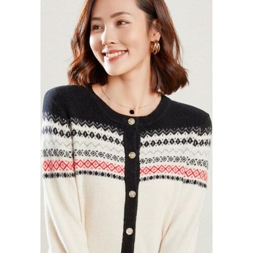 2021 Autumn Winter New Retro Jacquard 100% Pure Wool Cardigan Womens Sweater Round Neck National Style Knitted Bottoming Shirt