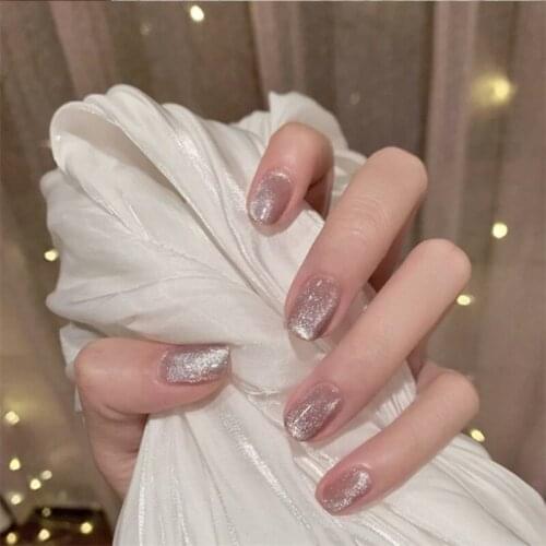 Short Fake Nails Stickers Silver Flashing Nail Stickers Finished Nails 24 Pieces With Glue Nail Sticker Nails Accesorios