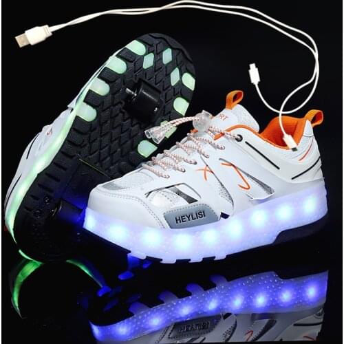 Children One Two Wheels Luminous Glowing Sneakers Gold Pink Led Light Roller Skate Shoes Kids Led Shoes Boys Girls USB Charging