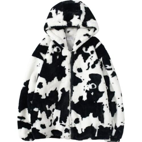 Winter Fleece Hooded Jackets Streetwear Hip Hop Cow Spots Print Full Zip Jacket Coats Men Women Harajuku Fashion Casual Outwear