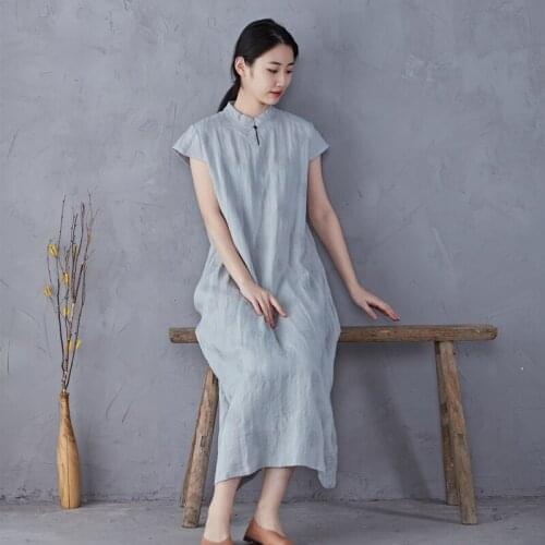 Linen embroidered Chinese style robe A-line long Dress short sleeve dress stand collar 2021034