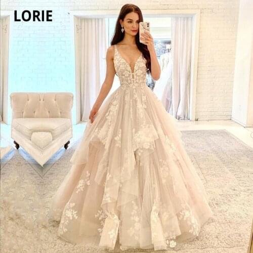 LORIE Elegant Princess Wedding Dresses 2021 V-Neck Appliques Lace Floor Length Tulle Bridal Gown Custom Made 2021 suknia slubna