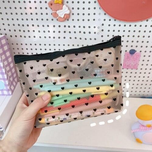 Fashion Transparent Zipper Black Heart Printed Pencil Pen Case Mesh Cosmetic Makeup Bags Case Holder Pouch Convenient To Carry