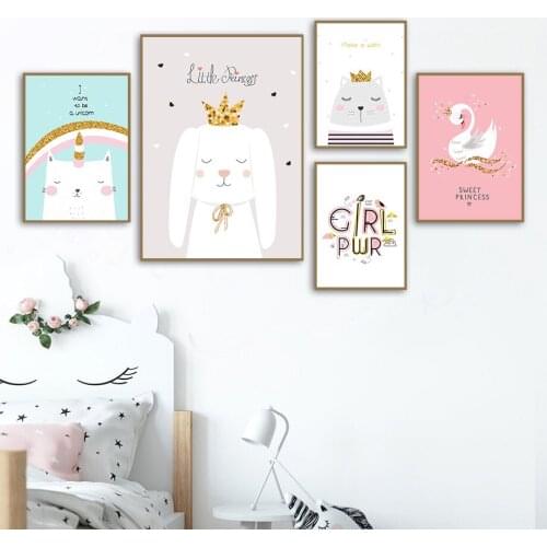 Rainbow Unicorn Swan Crown Princess Girl Wall Art Canvas Painting Nordic Posters And Prints Wall Pictures Kawaii Kids Room Decor