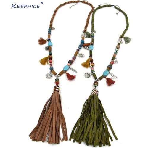 New Bohemian Boho Chic Necklace Colorful Beaded Chain Ethnic Leather Tassel Pendant Necklace For Women