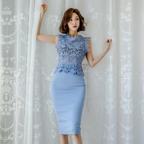 New arrival elegant solid fresh lace perspective basic t-shirt and pencil skirt high quality work style 2 pieces cute women sets