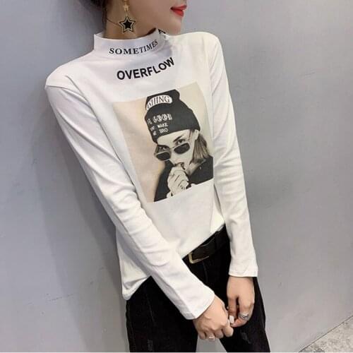Turtleneck Print Long Sleeve T Shirt Women Clothes 2020 Autumn Cotton T-Shirt Korean Fashion Fall Woman Tshirt Tee Shirt Femme