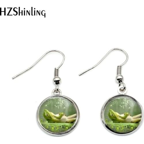 NHE-0015 Lazy Frog Earrings Glass Dome Art Picture Charm Frog in a Moonlit Pond Earring Handcrafted Jewelry