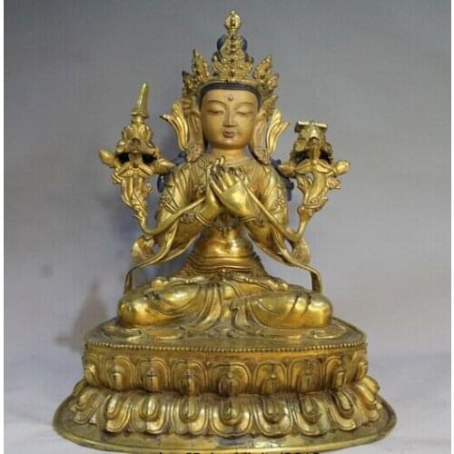 18" Tibet Buddhism Temple Old Bronze 24K Gold Amitabha Maitreya Buddha Statue Copper garden decoration