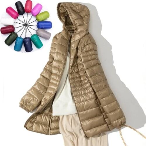 7XL Ultra Light Fall Winter Woman White Duck Down Hooded Long Jacket Female Overcoat Slim Solid Jackets Coat Portable Parkas
